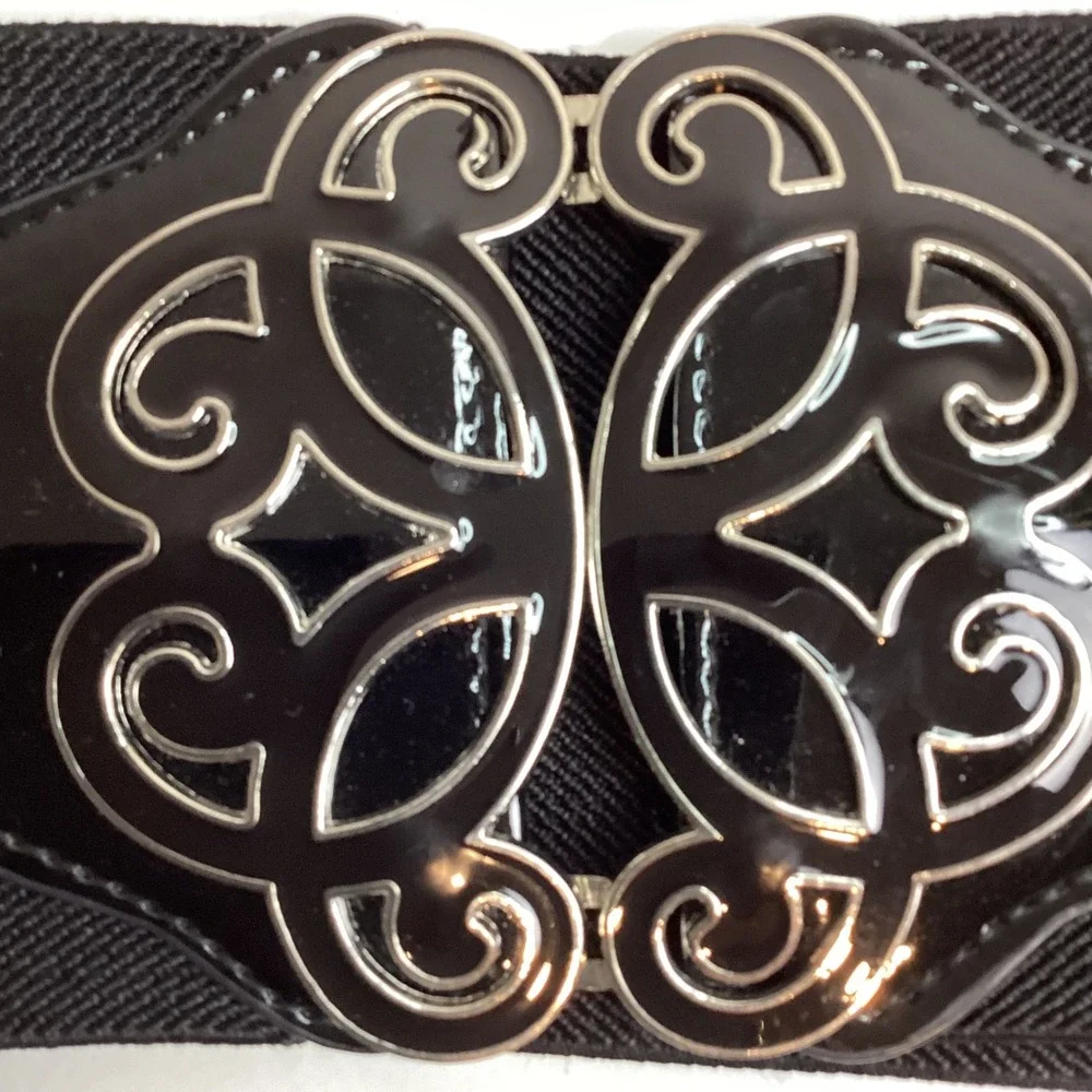 Set of 2 Wide Elastic Cinch Belts Red Patent Buckle Black Filigree Buckle 3X